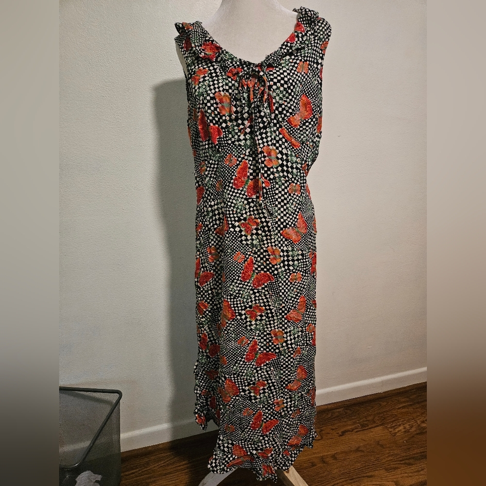 Vintage Cactus Flower Sleeveless Black Dress with Red ButterfPrint and Jacket M